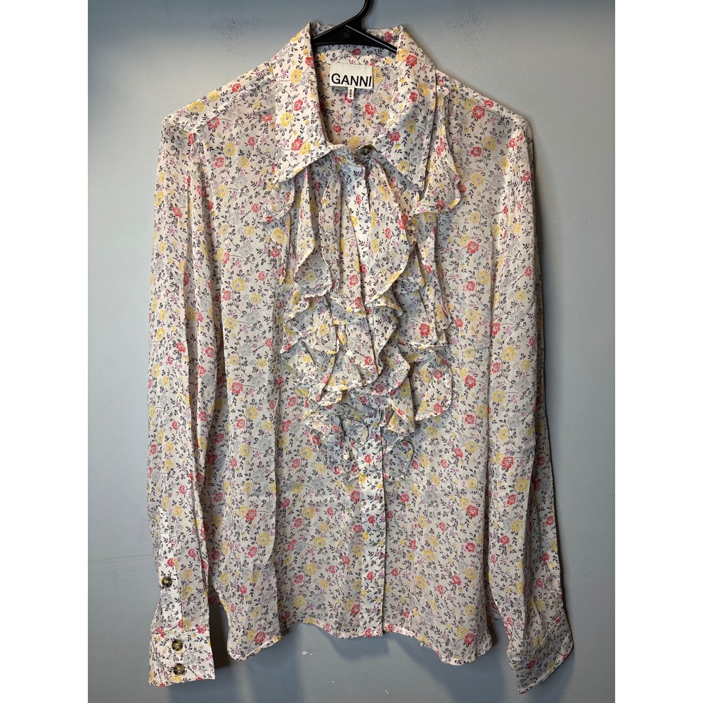 Anthropologie Ganni Floral Ruffle Front Button‎ Down Shirt Blouse Long Sleeve